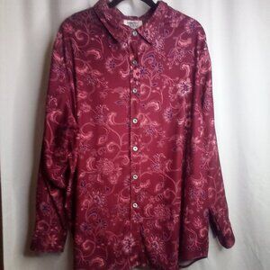 Mainstreet Blues Blouse 2X Women Button Up Long Sleeve Floral Red Pink